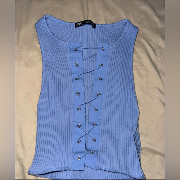 Zara Blue Ribbed Tie Front Tank Top - Picture 1 of 1